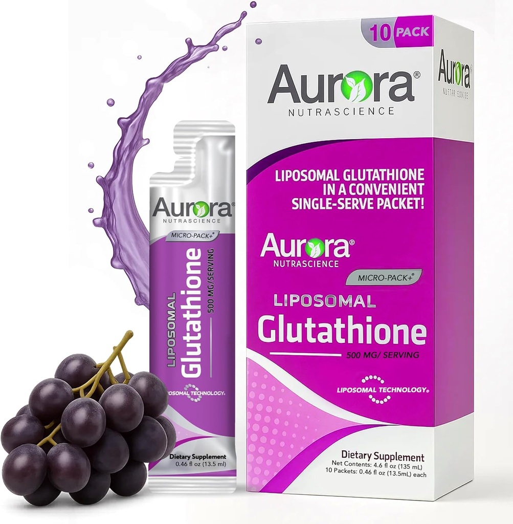 Aurora Nutrascience Micro-Liposomal Glutathion liquide, Immune et antioxydant Gut Supplément de soutien de la santé, 500 mg par portion, sans gluten, sans OGM, sans sucre, 10 paquets à un seul usage