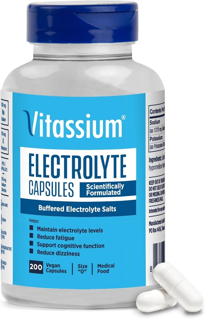 Capsules d'électrolyte de Vitassium, électrolytes pour la gestion de POTS et des régimes à haute teneur en sodium (500mg de sodium - 100mg de potassium), non aromatisé, 200 pilules de sel (taille 0)