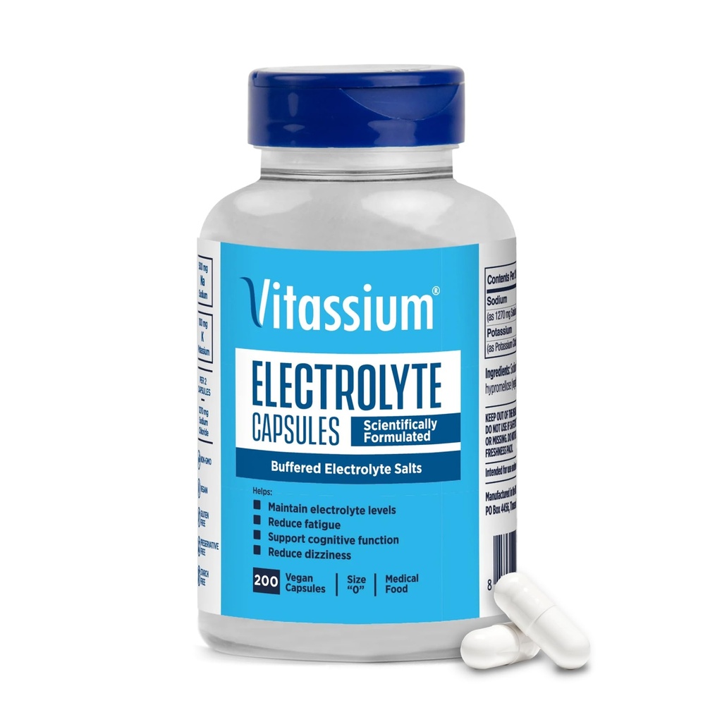 Capsules d'électrolyte de Vitassium, électrolytes pour la gestion de POTS et des régimes à haute teneur en sodium (500mg de sodium - 100mg de potassium), non aromatisé, 200 pilules de sel (taille 0)
