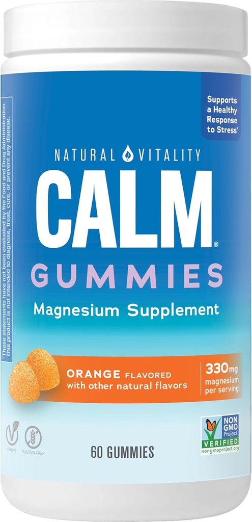 Vitalité naturelle CALM, supplément de magnésium, gommes anti-stress, soutient une réponse saine au stress, sans gluten, végétalien, aromatisé orange, 60 gommes