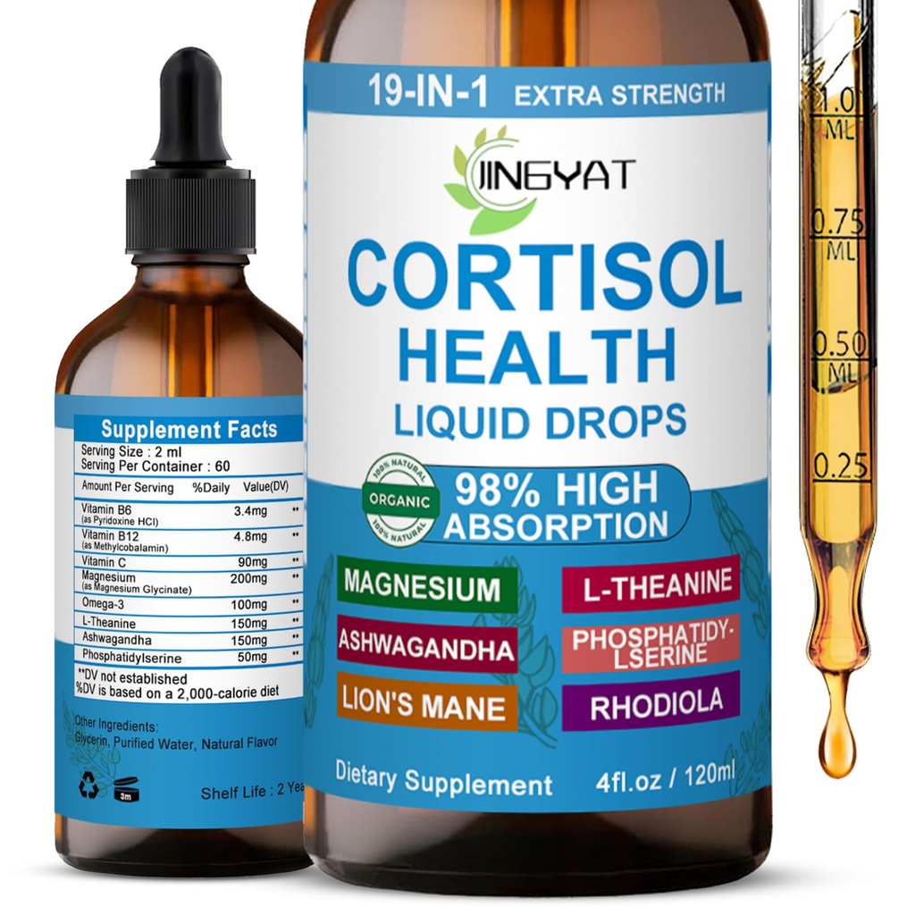 Suppléments de cortisol pour les femmes - Cortisol support gouttes liquides pour l'équilibre hormonal, Mood,Focus - Cortisol liquide santé avec/Magnésium,L-Theanine,Ashwagandha,Omega-3 - Non-OGM,2 mois d'approvisionnement