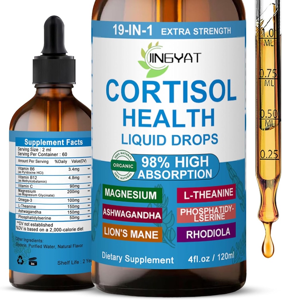 Suppléments de cortisol pour les femmes - Cortisol support gouttes liquides pour l'équilibre hormonal, Mood,Focus - Cortisol liquide santé avec/Magnésium,L-Theanine,Ashwagandha,Omega-3 - Non-OGM,2 mois d'approvisionnement
