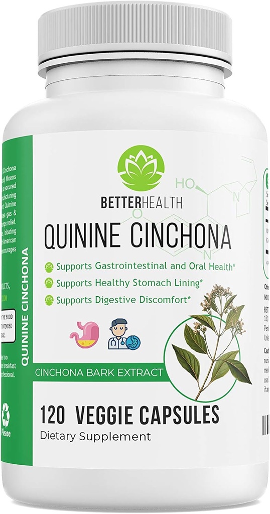 Supplément à base de plantes d'extrait de cinchona de quinine pour le soutien gastro-intestinal et oral, système immunitaire boosting, soulagement de la crampe des jambes, crampes musculaires - 500 mg – 120 capsules