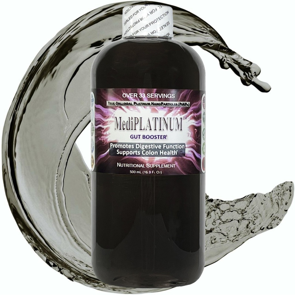 Mediplatinum Gut Booster True Colloïdal Platinum PtNP Supplément nutritionnel - 500 mL (16,9 Fl Oz) dans une bouteille en plastique transparent sans BPA
