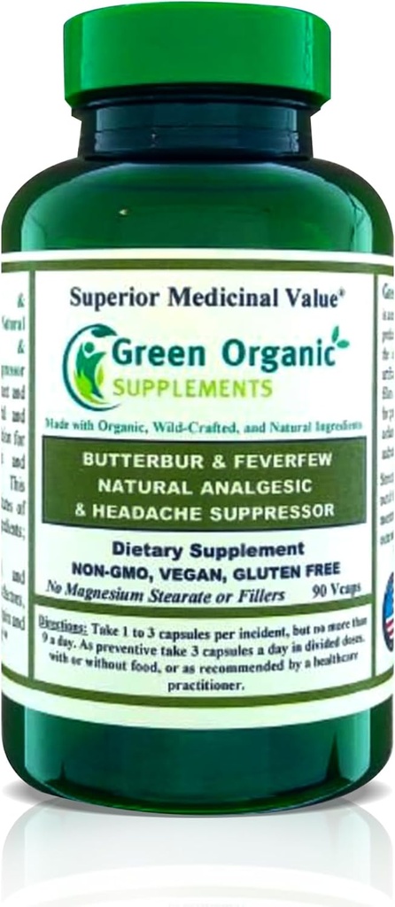 Suppléments bio verts Butterbur, Feverfew, analgésique, analgésique, et suppresseur de maux de tête, 90 VCaps, haute absorption, non OGM, sans gluten (paquet de 1)