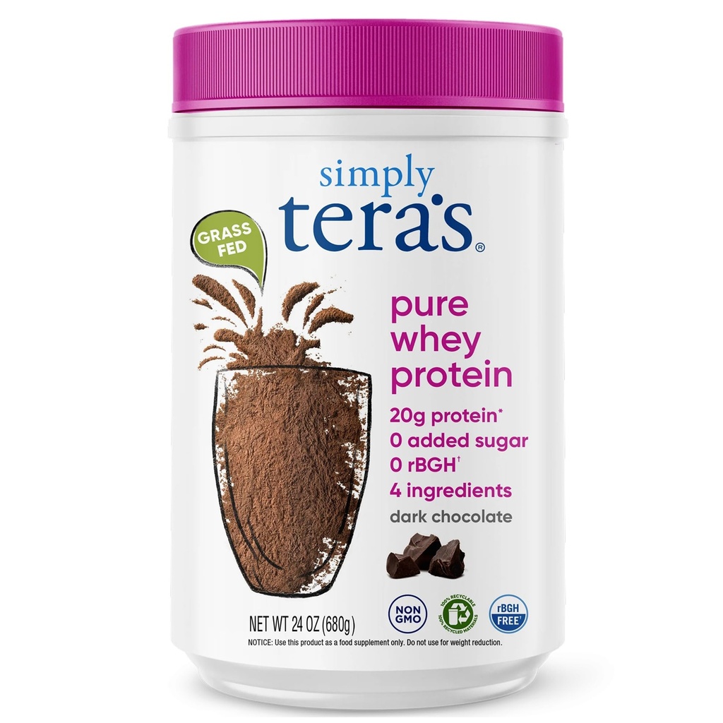 Pure Whey Protein Powder de tera - Chocolat foncé pur poudre de protéines, Poudre de protéines de fer à l'herbe sans édulcorants artificiels, Etiquette propre, Non-OGM, Kosher, sans rBGH - 24 Oz