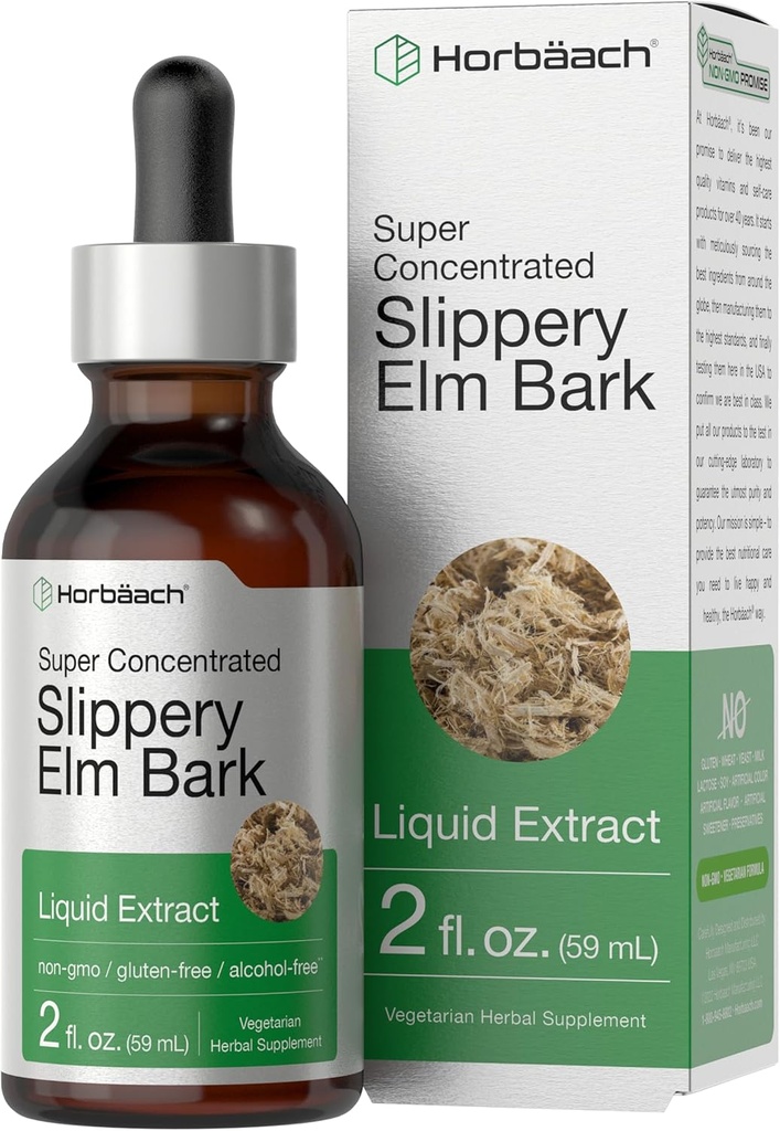 Horbäach Slippery Elm Liquid Drops (déchets liquides) 2 Fl Oz (découpe d'extrait d'écorce) Végétarien (déchet d'alcool) Non-OGM, supplément sans gluten