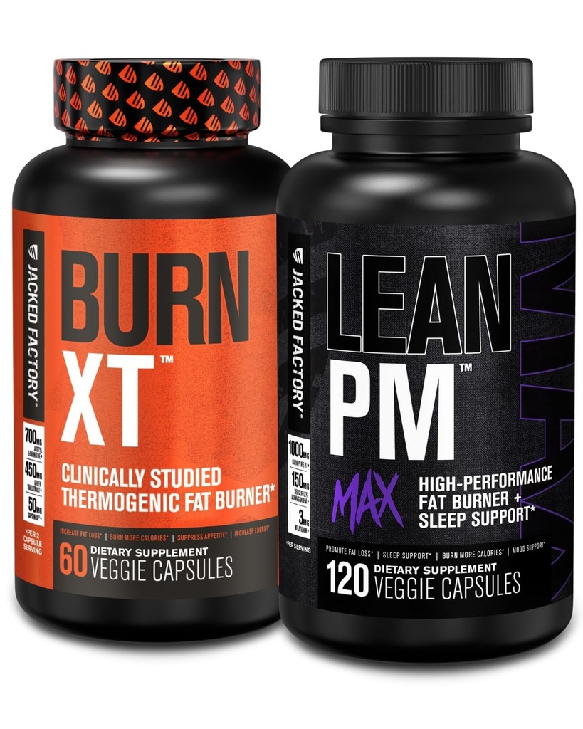 Jacked Factory Burn-XT Études cliniques Thermogénique perte de poids (60 capsules) - Lean PM MAX aide au sommeil (120 capsules) pour la suppression de l'appétit (180 capsules)