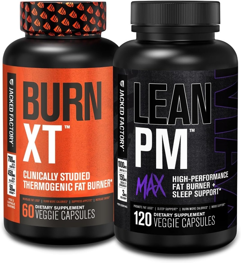 Jacked Factory Burn-XT Études cliniques Thermogénique perte de poids (60 capsules) - Lean PM MAX aide au sommeil (120 capsules) pour la suppression de l'appétit (180 capsules)