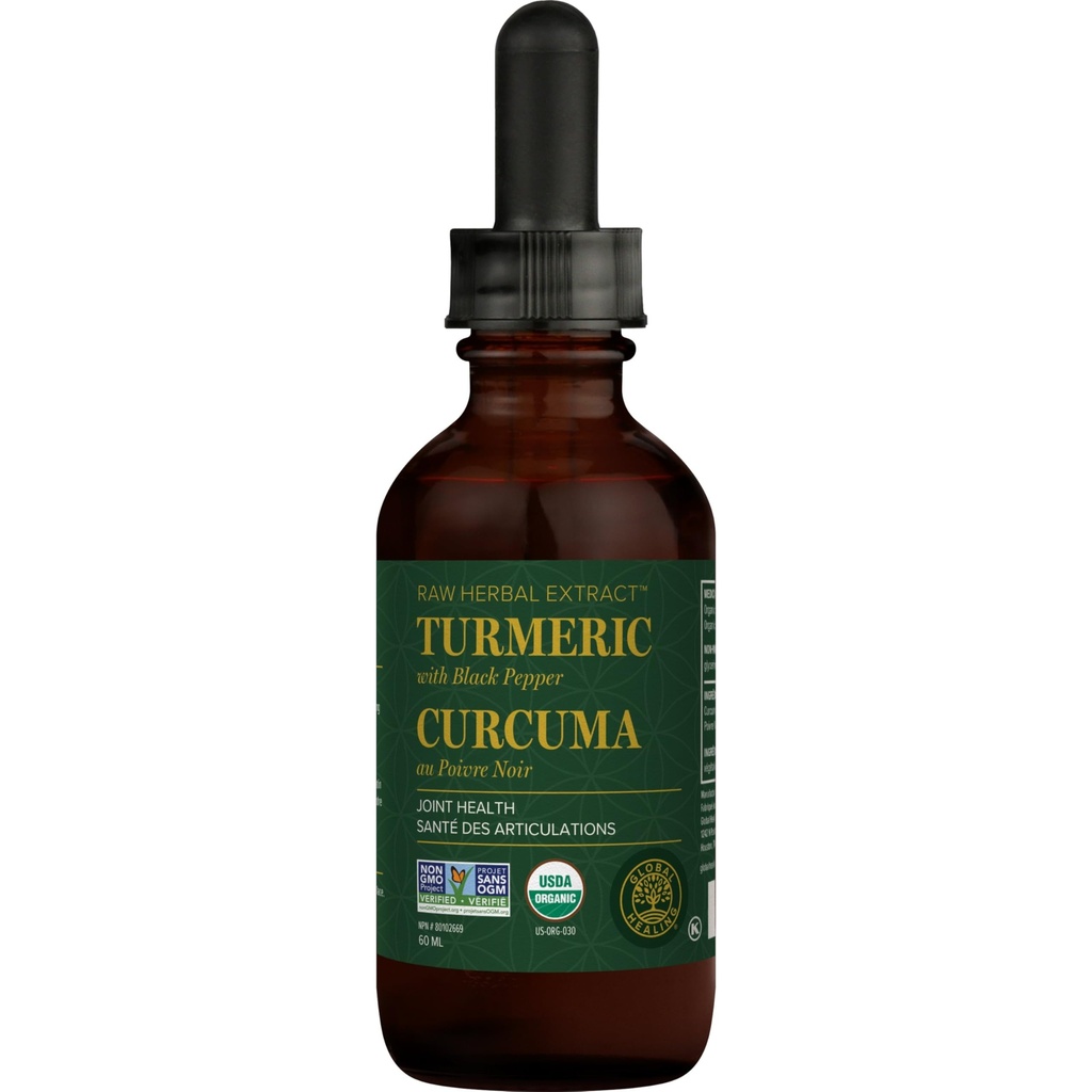 Global Healing curcumin curcumin bio avec des gouttes liquides d'extrait de poivre noir pour soutenir le soulagement de la mobilité conjointe et la santé digestive Multi Turmeric Supplément- 2 Fl Oz