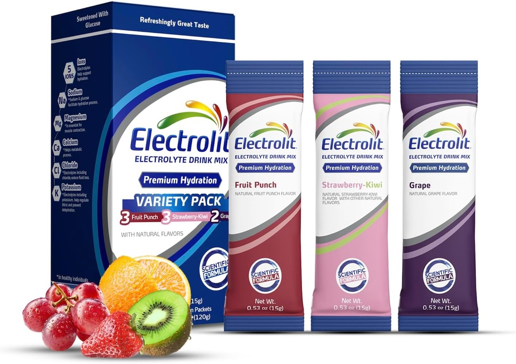 Électrolytes électrolits Powder Packets, Variété 8 Pack, Powdered Hydratation Packets pour la déshydratation et la réhydratation, après l'entraînement Aromatisé Mélange de boisson hydratante, bâtons sans gluten