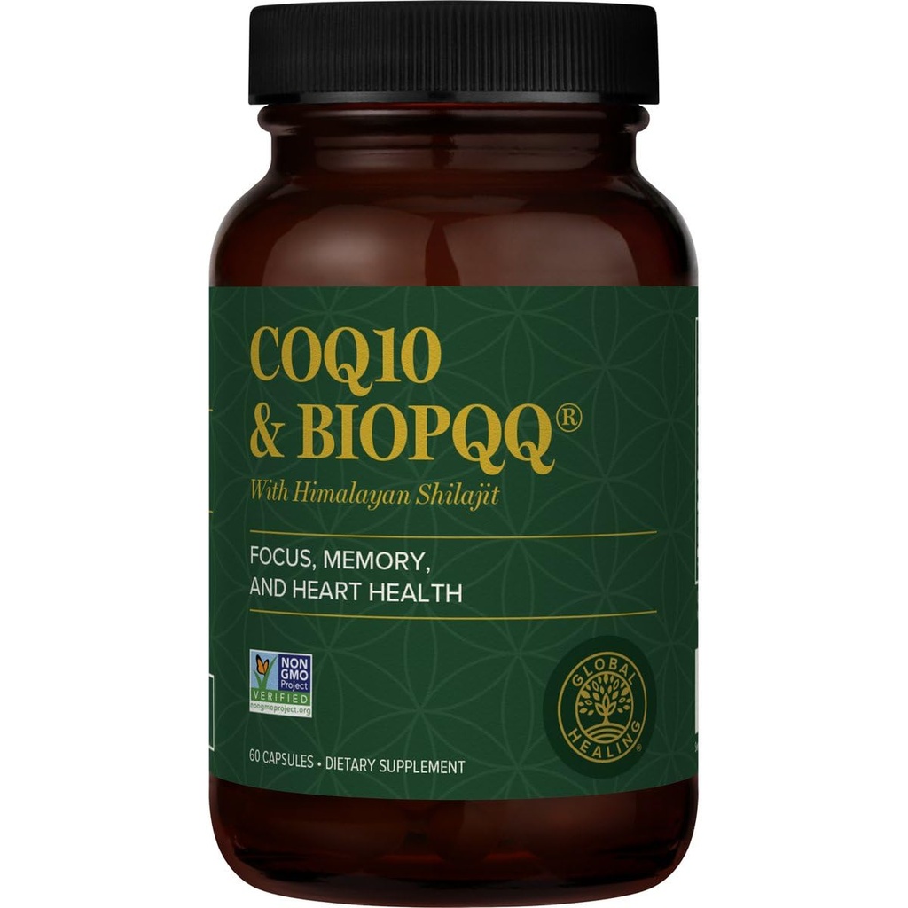Global Healing Center CoQ10 & BioPQQ avec soin chilajit-antioxydant biologique pur pour la santé du coeur et du cerveau, Mitochondria Energy Optimizer pour les hommes et les femmes-Coenzyme Ubiquinone 150mg, 60 Capsules