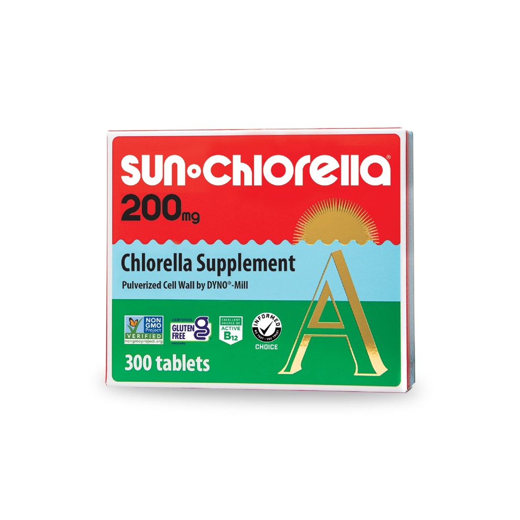 Sun Chlorella 200 mg Supplément superaliment aux algues vertes - Mur cellulaire pulvérisé - Chlorophylle, CGF, B12 actif, fer, protéines - Non-OGM - 300 Comprimés