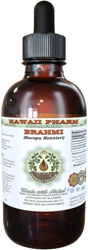 Brahmi Extrait liquide sans alcool, bio Brahmi liquide (Bacopa Monnieri) Herbe séchée entière Glycérite Hawaii Pharm complément naturel à base de plantes 2 oz