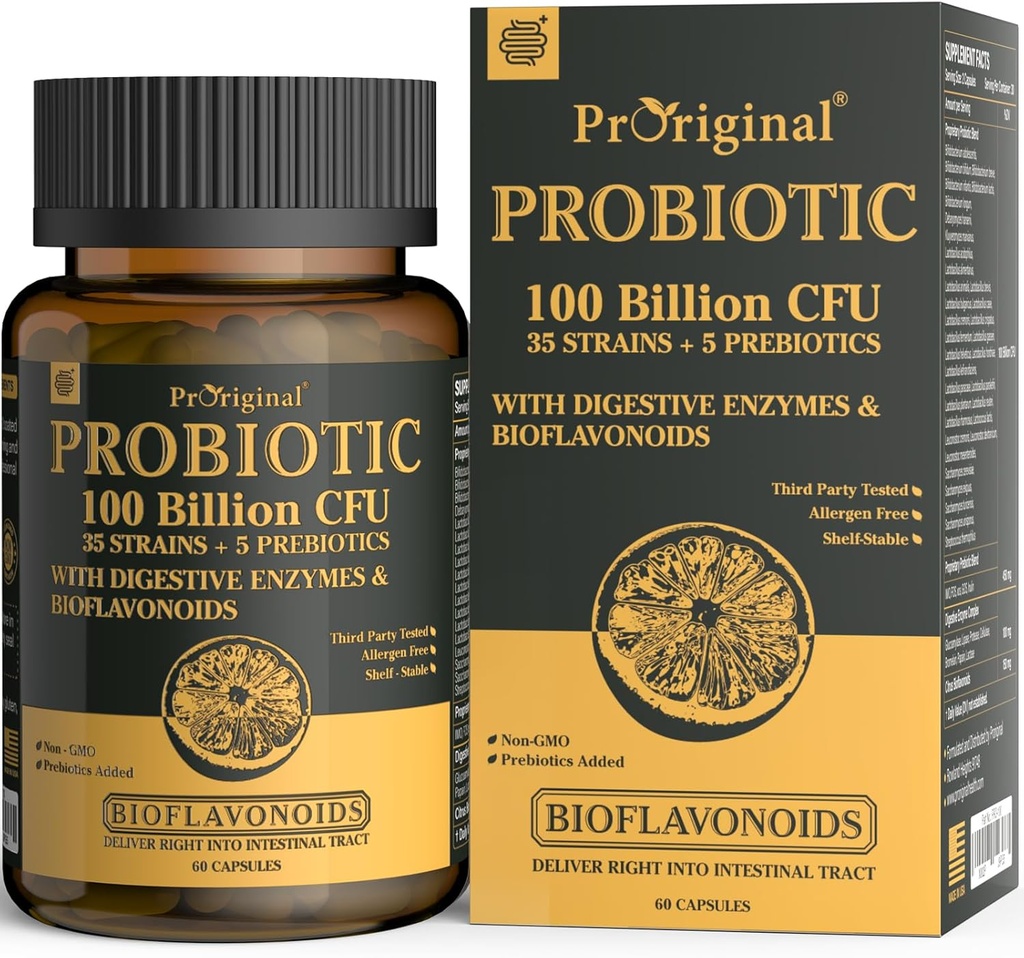 Probiotiques avec des prébiotiques pour les hommes et les femmes - 35 souches Probiotiques biologiques 100 milliards d'UFC pour la santé gustative et digestive, supplément probiotique acide végane, probiotique brut non OGM 60 capsules
