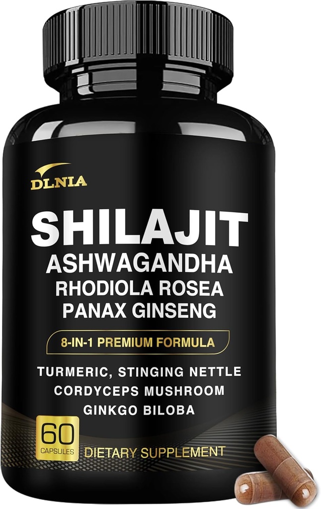 8-en-1 Shilajit pour hommes et femmes avec supplément biologique Ashwaganda Himalayan avec Rhodiola Rosea, Ginseng, Turmeric, Champignon, pour le soutien immunitaire, l'énergie, calme, Focus, Clarté, Sommeil, Cortisol