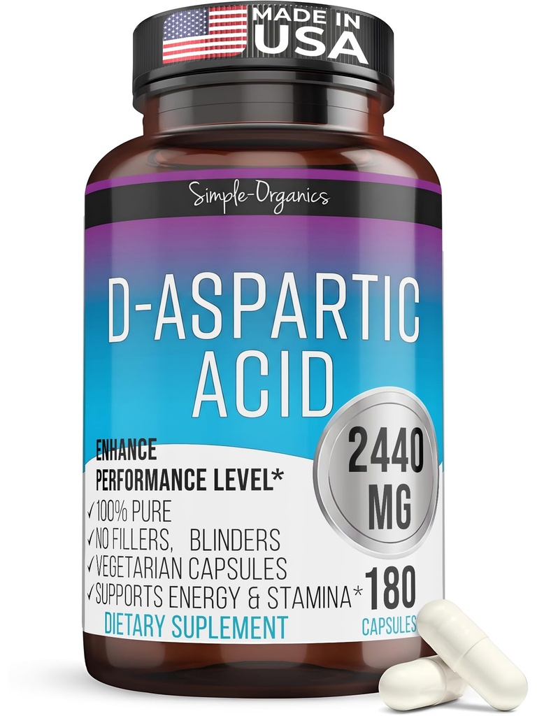 Kaibro Nutra D-Aspartic Acid Supplement for Men, 2440mg D-Aspartic Acid per Serving, Energy & Testostérone Support, sans gluten sans OGM, 180 Capsules Vegan