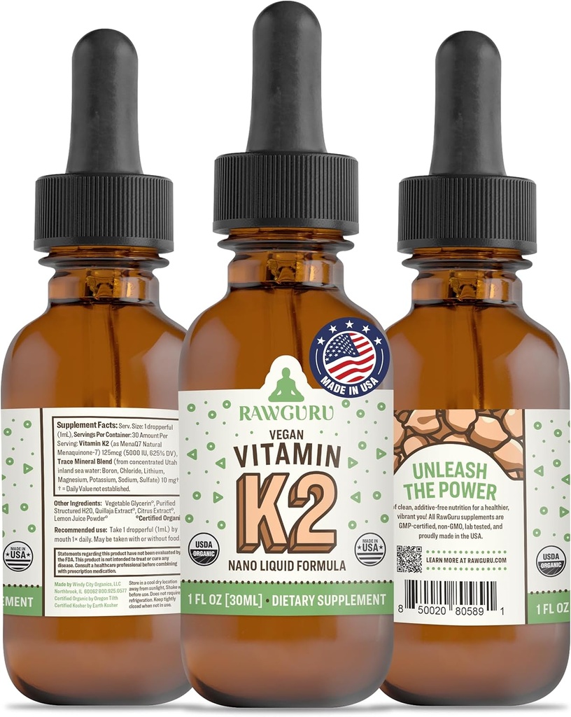 Supplément Vitamine K2 RawGuru - Vitamine végétale biologique K2 MK7 avec minéraux traces - Supplément antioxydant et immunosupport Nano-processé Teinture - 30 portions de gouttes végétaliennes par 30 ml, boîte de 1
