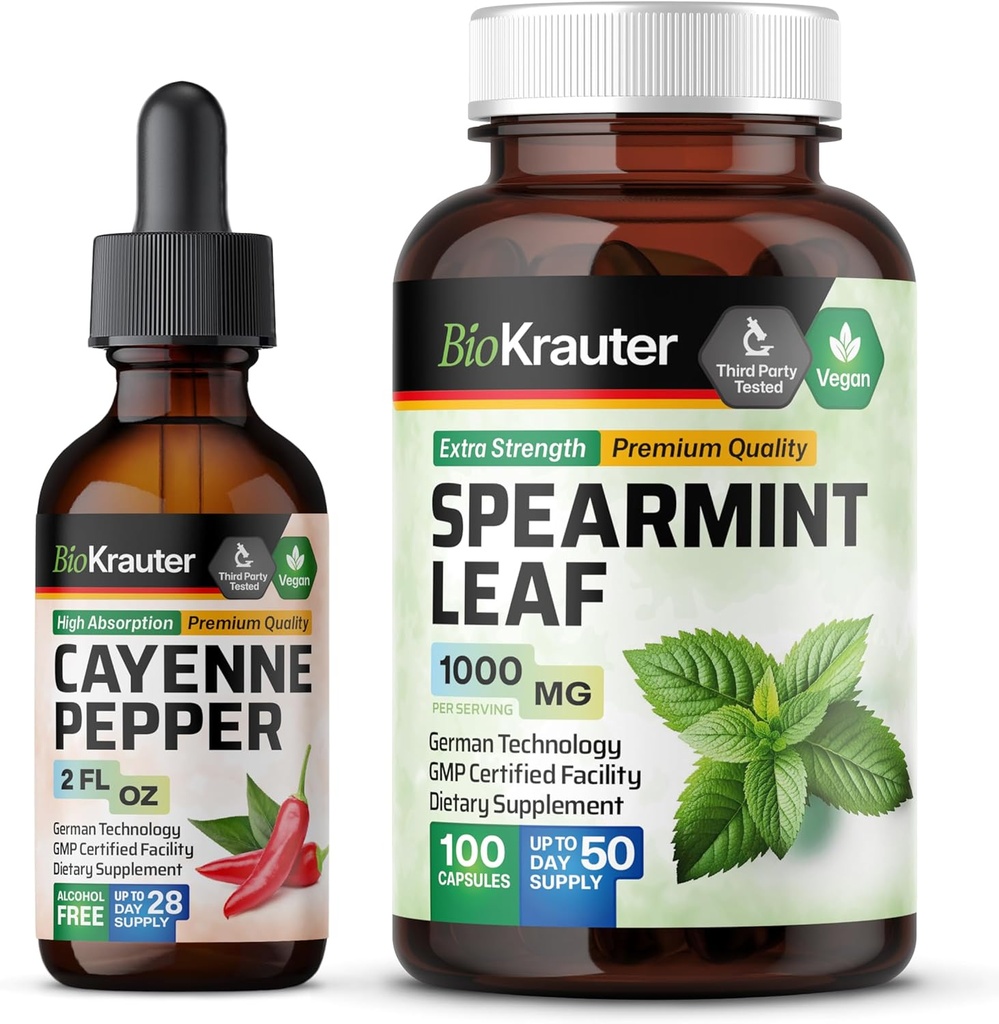 BIO KRAUTER Cayenne Teinture de poivre 2 Fl. Oz. & Spearmint 100 Capsules