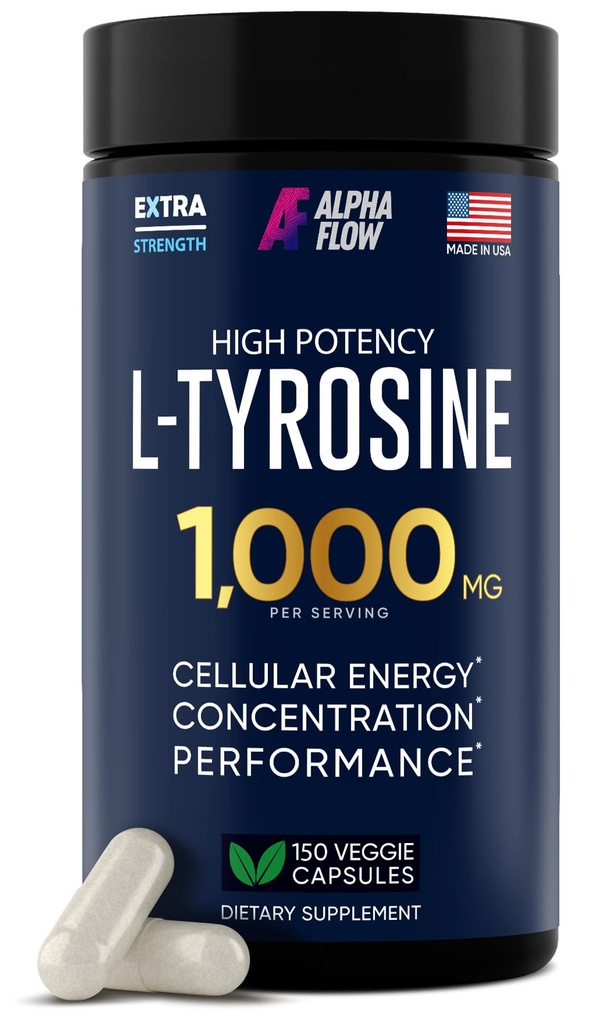 Capsules Alpha Flow L Tyrosine 1000MG - Supplément tout naturel L- Tyrosine pour Focus & Energy Boost - Non-OGM et sans gluten - Vegan 150 capsules -500mg x 2 par portion