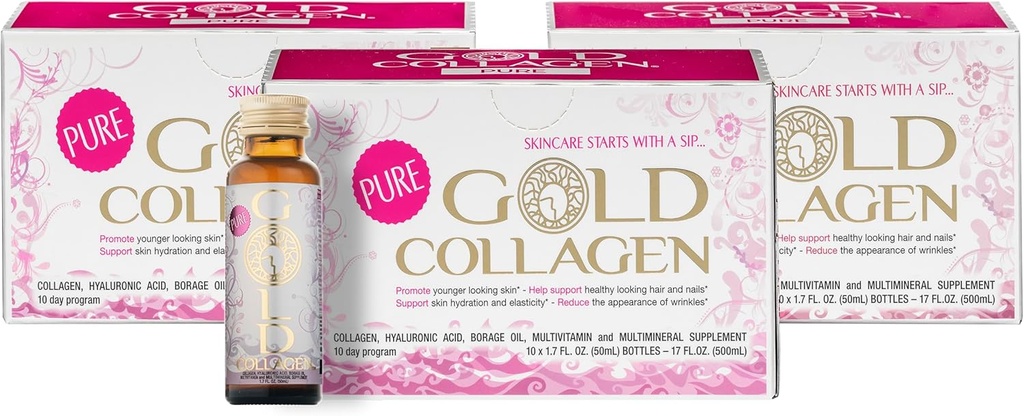 GOLD COLLAGEN Pure - Suppléments de collagène pour les femmes et les hommes avec biotine pour la croissance des cheveux, de la peau et des ongles - Système immunitaire antirides Booster avec acide hyaluronique, vitamine C, B6 et zinc, 3 Pack 10x50 ml