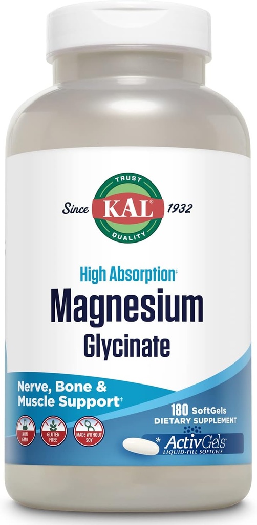 KAL Magnésium Glycinate ActivGels 315mg, entièrement chélaté, supplément de magnésium à haute absorption pour la relaxation, le soutien musculaire et os, non-OGM, sans gluten, 60 portions, 180 Softgels