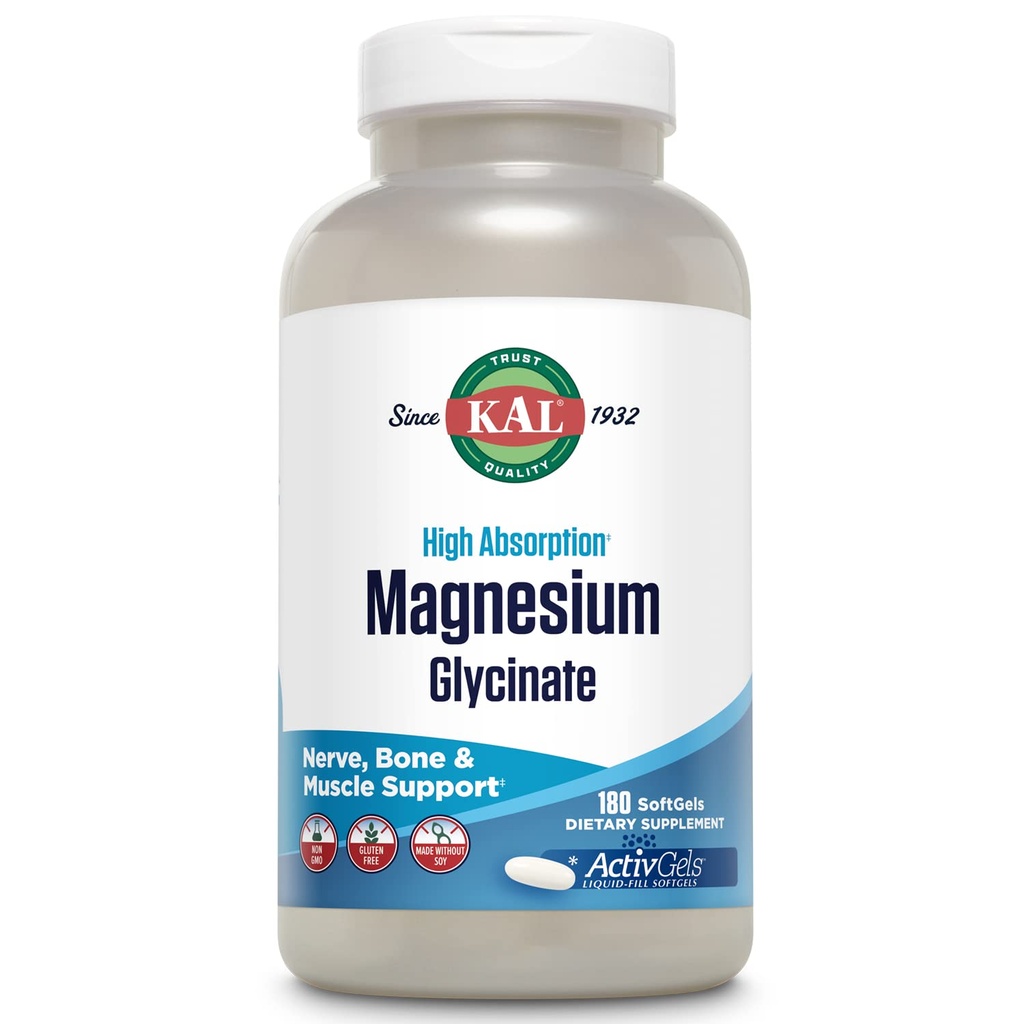 KAL Magnesium Glycinate ActivGels 315mg, Fully Chelated, High Absorption Magnesium Supplement for Relaxation, Muscle & Bone Support, Non-GMO, Gluten Free, 60 Servings, 180 Softgels
