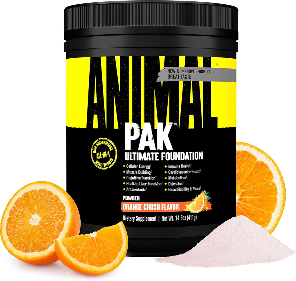 Pak animal - Poudre de vitamines et suppléments tout-en-un - Zinc, vitamines C, B, D, acides aminés, soutien immunitaire, enzymes digestives et plus - Multivitamine quotidienne pour les femmes et les hommes - 60 scoops
