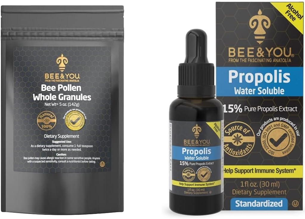 BEE and You Bundle, Granules de pollen d'abeille, sac de 5oz, avec des gouttes d'extrait de propolis 100% naturelle, Ultra Pure, Supplément de soutien immunitaire, Superfood, Antipxidants, Vitamines,