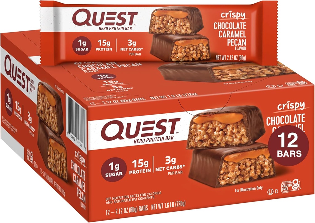 Quest Nutrition Chocolat croquant Caramel Pecan Hero Protein Bar, 15g Protéines, 1g Sucre, 3g Net Carb, Gluten sans protéines Snack, Keto Friendly, 12 Compte