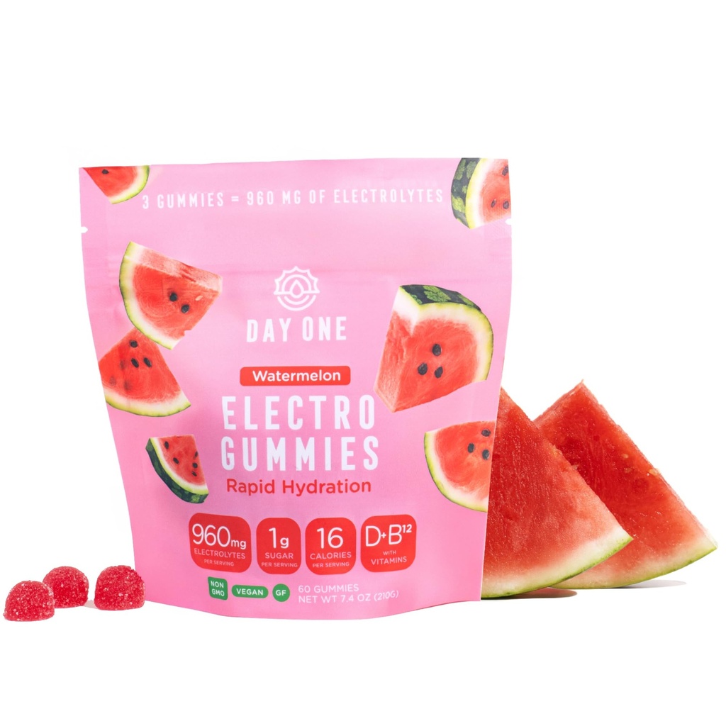 Premier jour ÉlectroGommies – Gommies d'hydratation des électrolytes – Idéal pour stimuler l'hydratation et l'énergie – Course, entraînement – Aromatisés à la pastèque aigre – 60 Gommies
