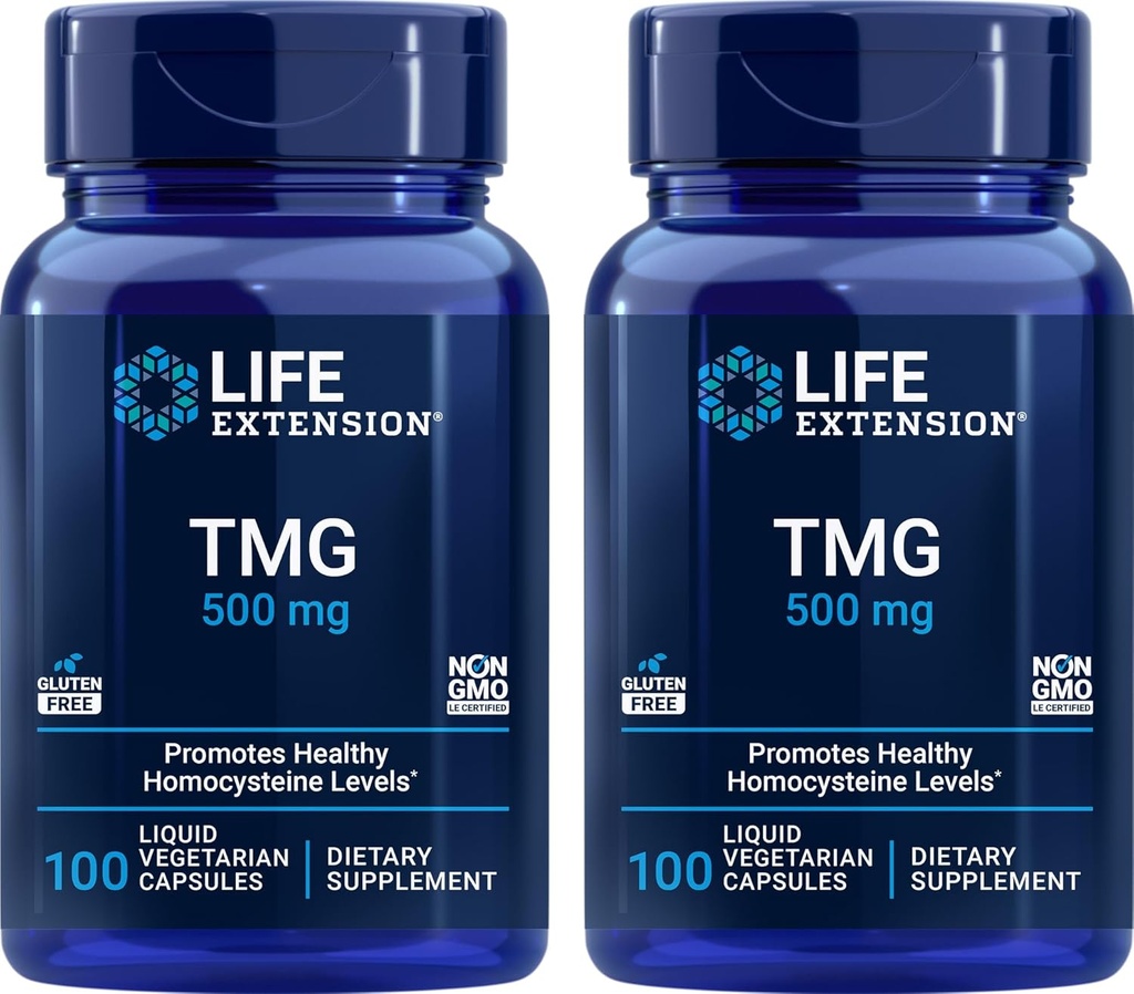 Extension de la durée de vie TMG 500mg, 100capsules de légumes liquides (paquet de 2) - Supplément à la triméthylglycine (Bétaïne glycine) - Sans gluten, sans OGM, végétarien