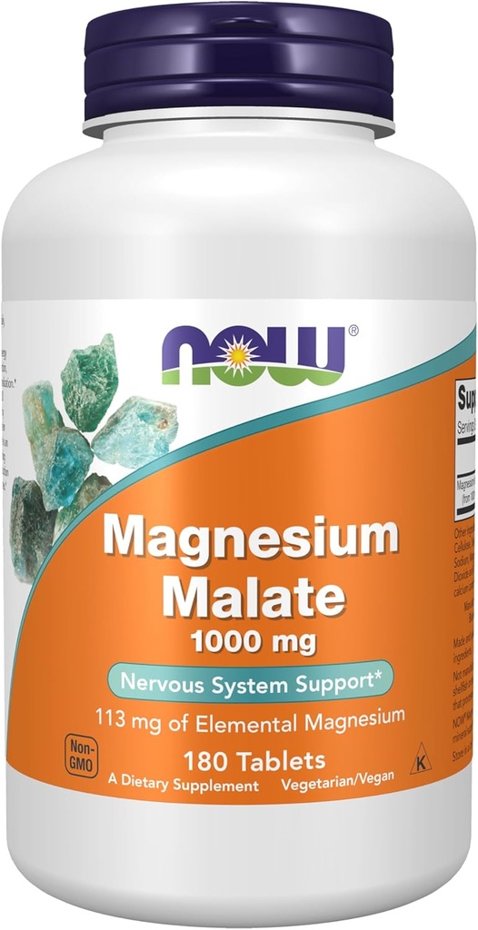 MAINTENANT compléments alimentaires, malate de magnésium 1000 mg, production d'énergie*, support du système nerveux*, 180 comprimés