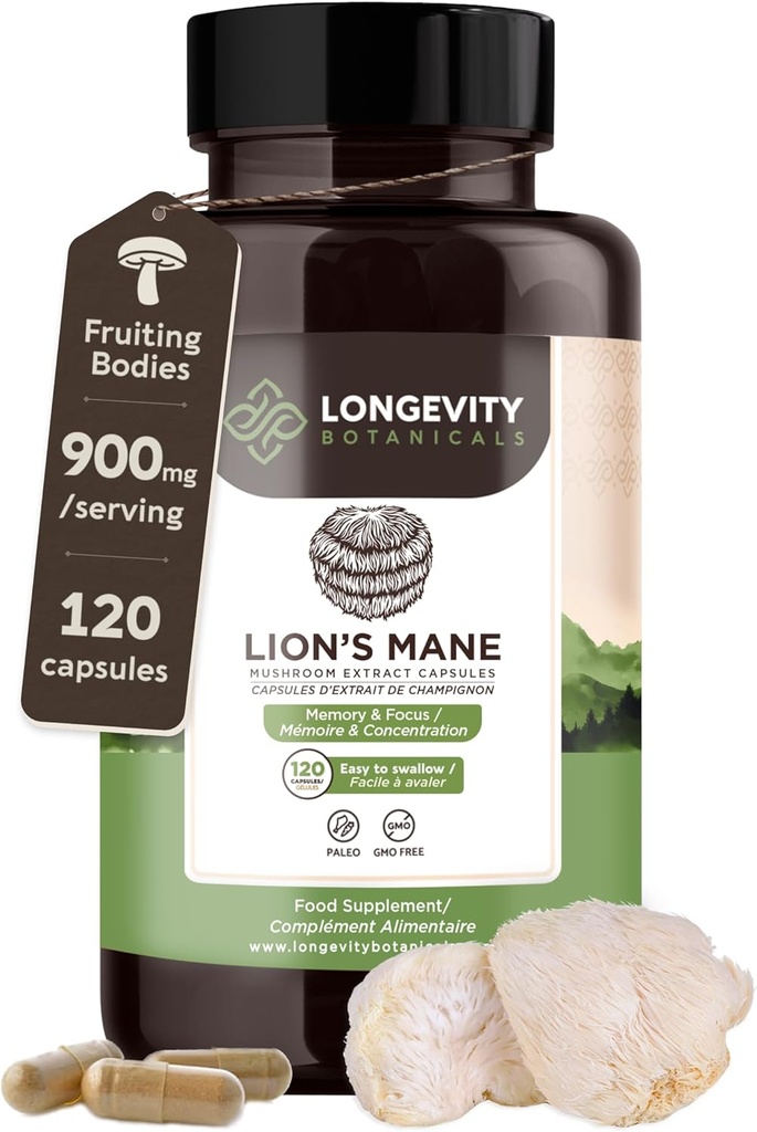 Organic Lions Mane Supplement Capsules (120) | Pure Fruiting Body 8:1 High Strength Mushroom Extract | 20% Beta-D Glucans | 7,200mg Raw Equivalent Per Serving | Focus, Memory, Gut & Brain Support