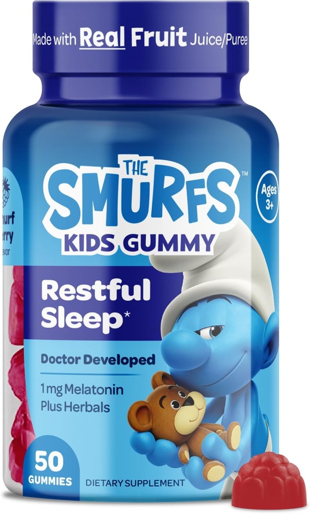 Les Schtroumpfs 1mg Mélatonine Gommies pour les enfants avec Camomile & Lemon Baume pour un sommeil reposant Âge 3+.