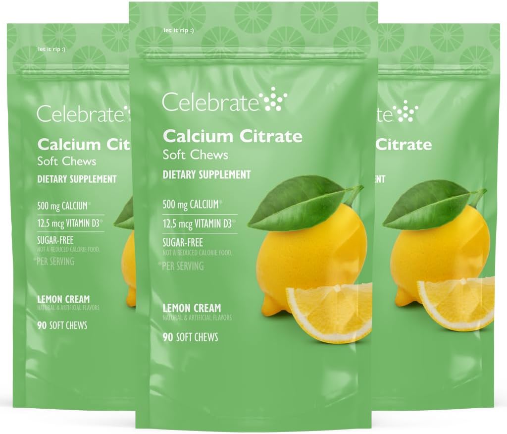 Célébrez les vitamines Bariatric 500mg Citrate de calcium Chews doux avec 500 UI Vitamine D3 – Essentiel pour les patients de passage gastrique et santé des os - sans sucre et sans gluten, citron (270 Chews)