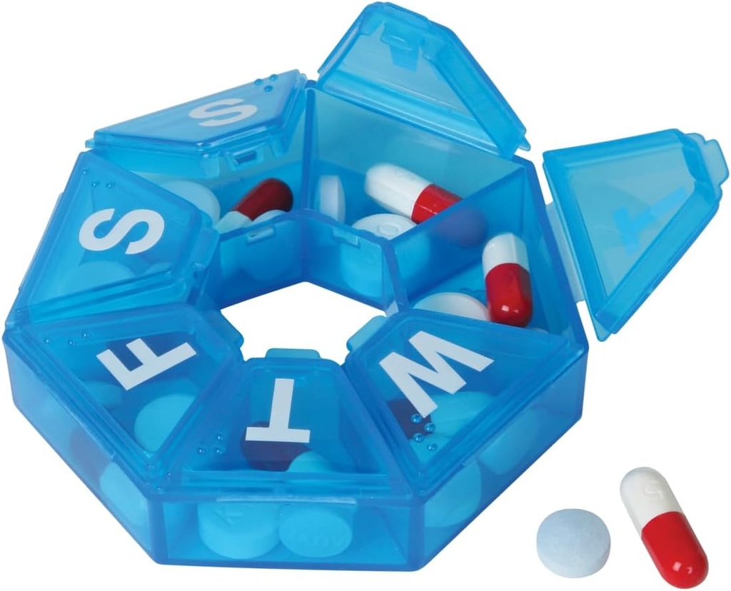EZY DOSE hebdomadaire (7 jours) Cas de pilule, planificateur de médicaments, boîte d'organisateur de vitamines, planificateur de pilules de voyage, entreposage portable, 7-sided, couleur mai Varier, sans BPA