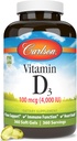 Carlson - Vitamine D3, 4000 UI (100 μg), Santé des os et immunitaire, Supplément Cholecalciferol, Capsules de vitamine D sans gluten, 360 Softgels