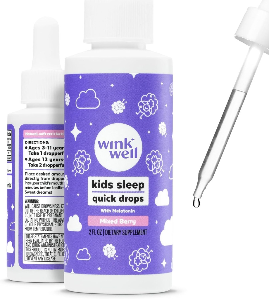 Clin d'oeil enfants gouttes liquides de mélatonine- gouttes naturelles de sommeil bébé pour l'aide au sommeil des tout-petits avec 1mg par service-non addictive pour les enfants Melatonine liquide- 2 Oz