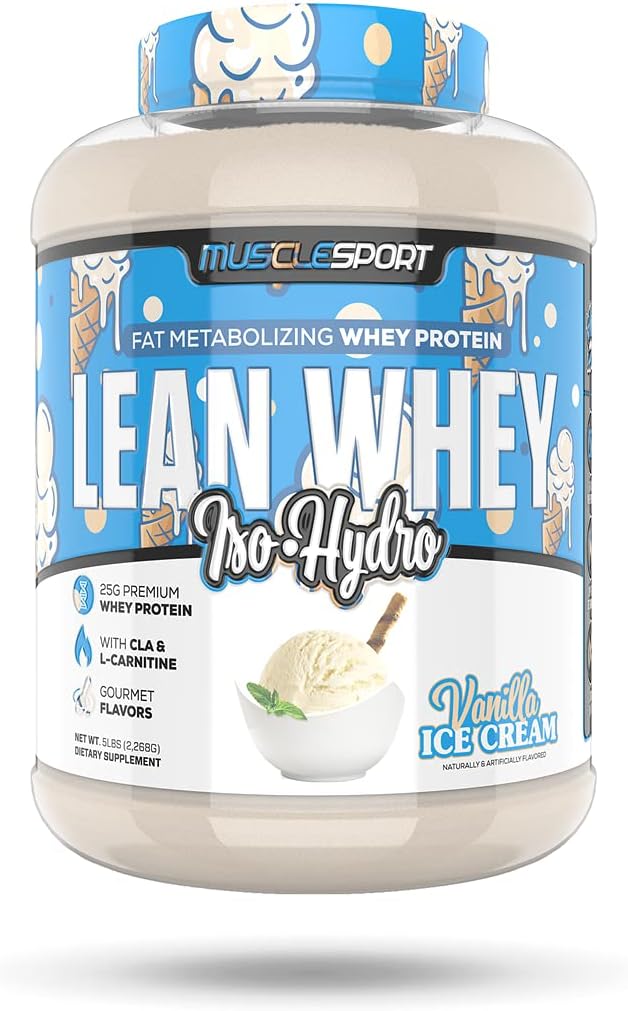 Musclesport Lean Whey RevolutionTM Poudre de protéines - Isolation de protéines de lactosérum - Faible teneur en calories, faible teneur en glucides, faible teneur en gras, colorants incredibles - 25g Protéines par scoop - Crème glacée à la vanille de 5lb