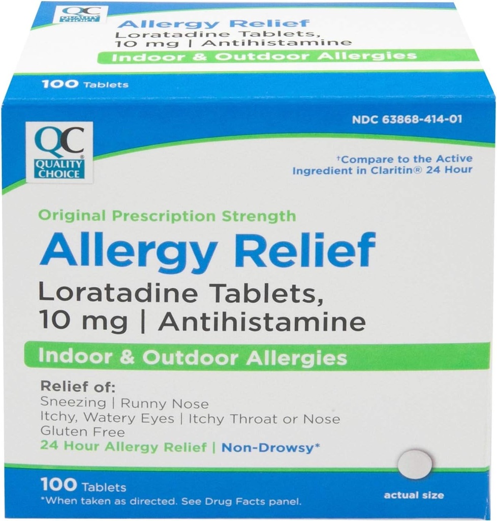 Choix de qualité 24 heures contre l'allergie Médecine, soulagement non somnolent pour allergies intérieures et extérieures, Loratadine 10mg Antihistamine, pour soulager les éternuements, Runny Nez, Itchy & Watery Yeux, 100 Comte