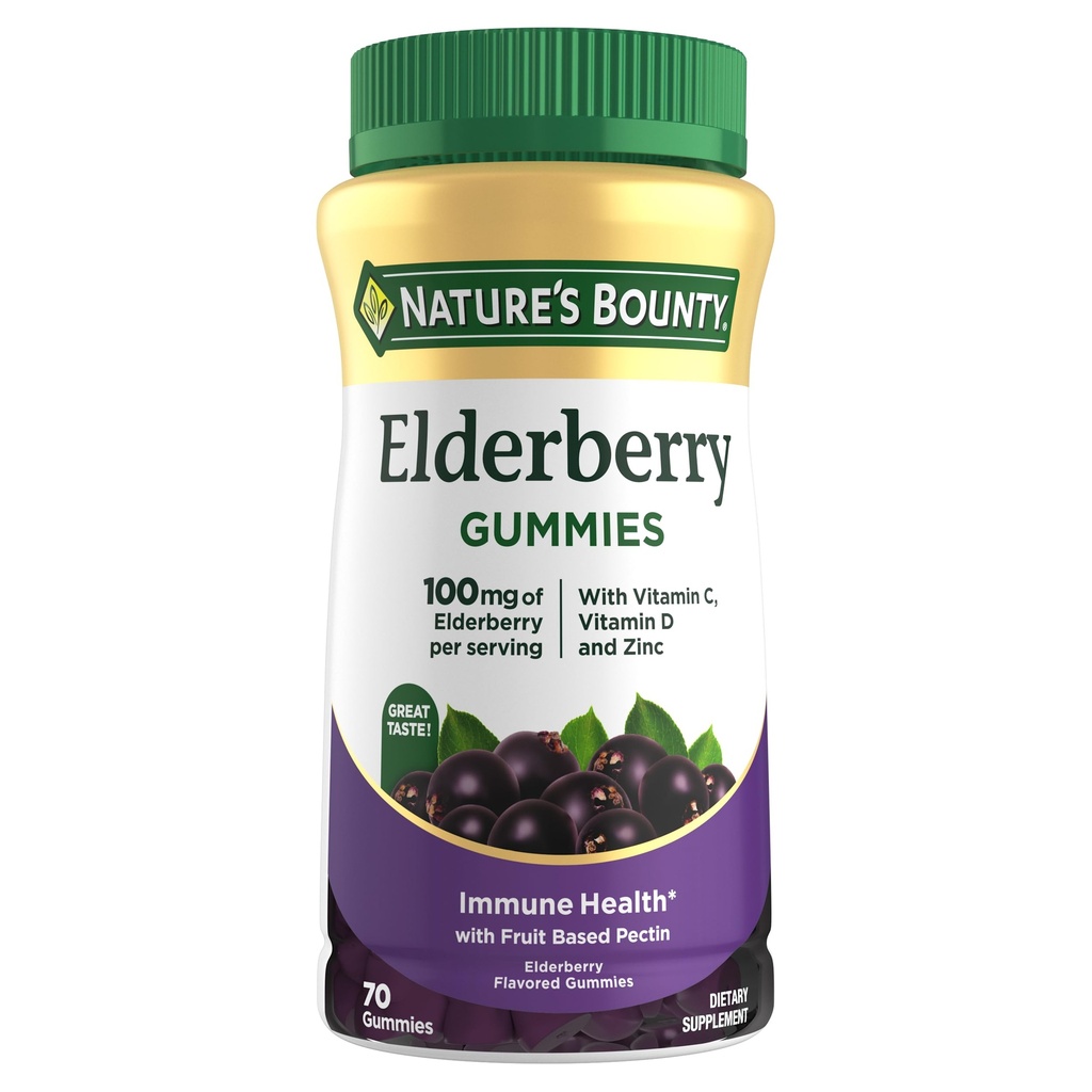 Gommies de baies aînées de la nature, supplément alimentaire, soutient la santé immunitaire, contient des vitamines A, C, D, E et zinc, 100 mg, 70 Gommies
