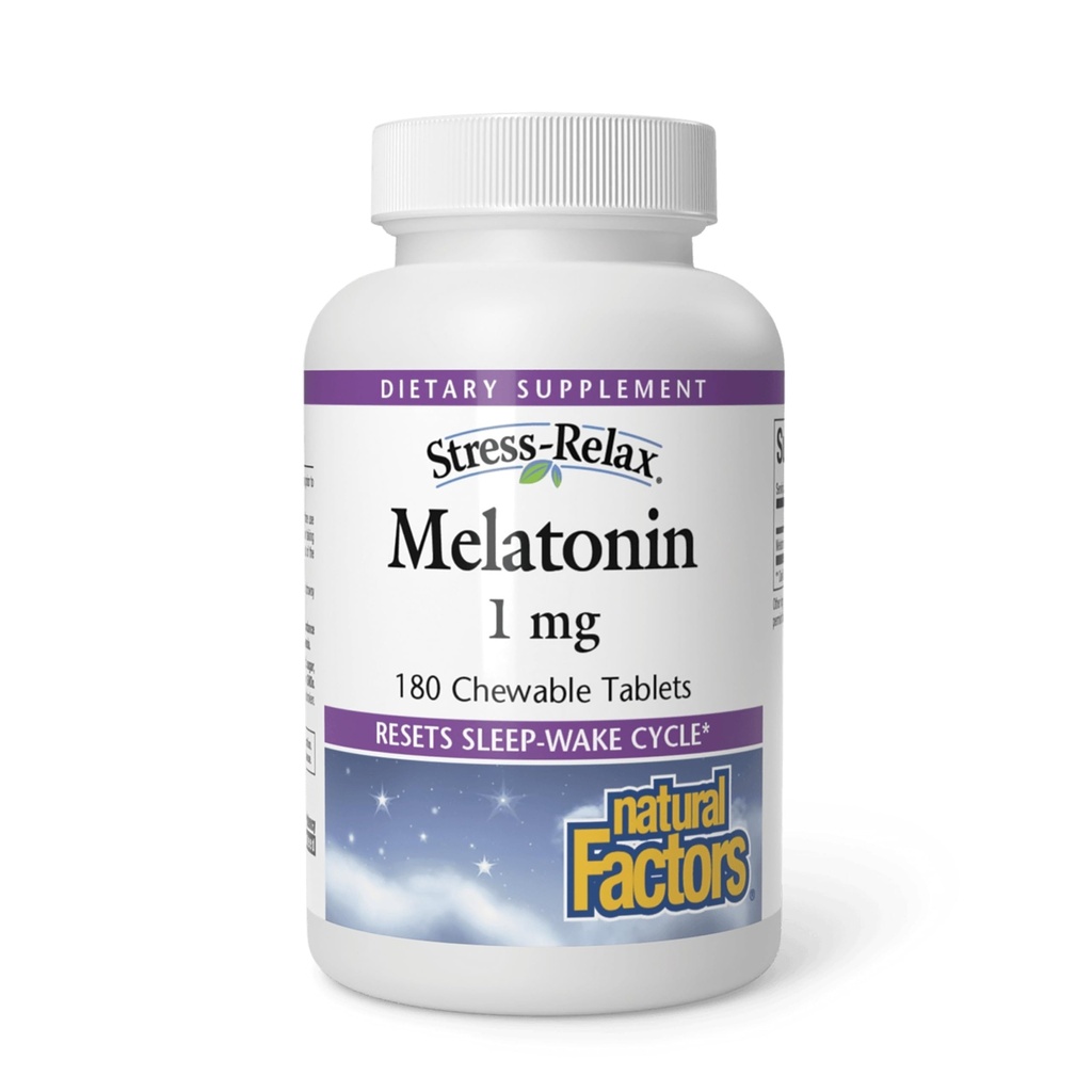 Stress-Relax Melatonine 1 mg par Facteurs Naturels, Aide Naturelle au Sommeil, Réinitialise le Cycle du Sommeil, 180 comprimés à croquer (180 portions), Saveur de menthe poivrée