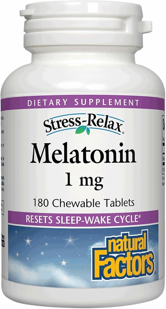 Stress-Relax Melatonine 1 mg par Facteurs Naturels, Aide Naturelle au Sommeil, Réinitialise le Cycle du Sommeil, 180 comprimés à croquer (180 portions), Saveur de menthe poivrée