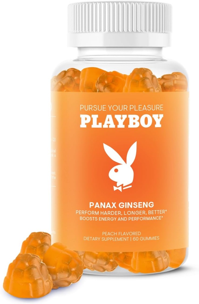 Playboy – Ginseng Gummies (60 comte - pêche aromatisée) - Performer plus dur, plus long, mieux - Panax Ginseng supplément Gummy pour les hommes et les femmes - 100% naturel, végétalien non OGM racine de ginseng 6:1 Extrait