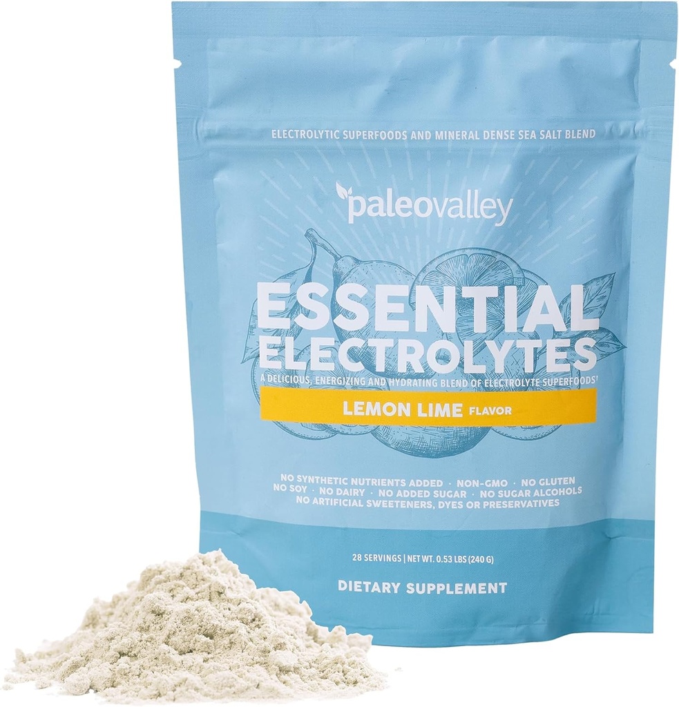 Poudre d'électrolytes essentiels de Paleovalley - Poudre d'électrolyte de lime de citron plein spectre pour l'hydratation, l'énergie et la récupération musculaire - Pas de sucre ajouté - 28 portions