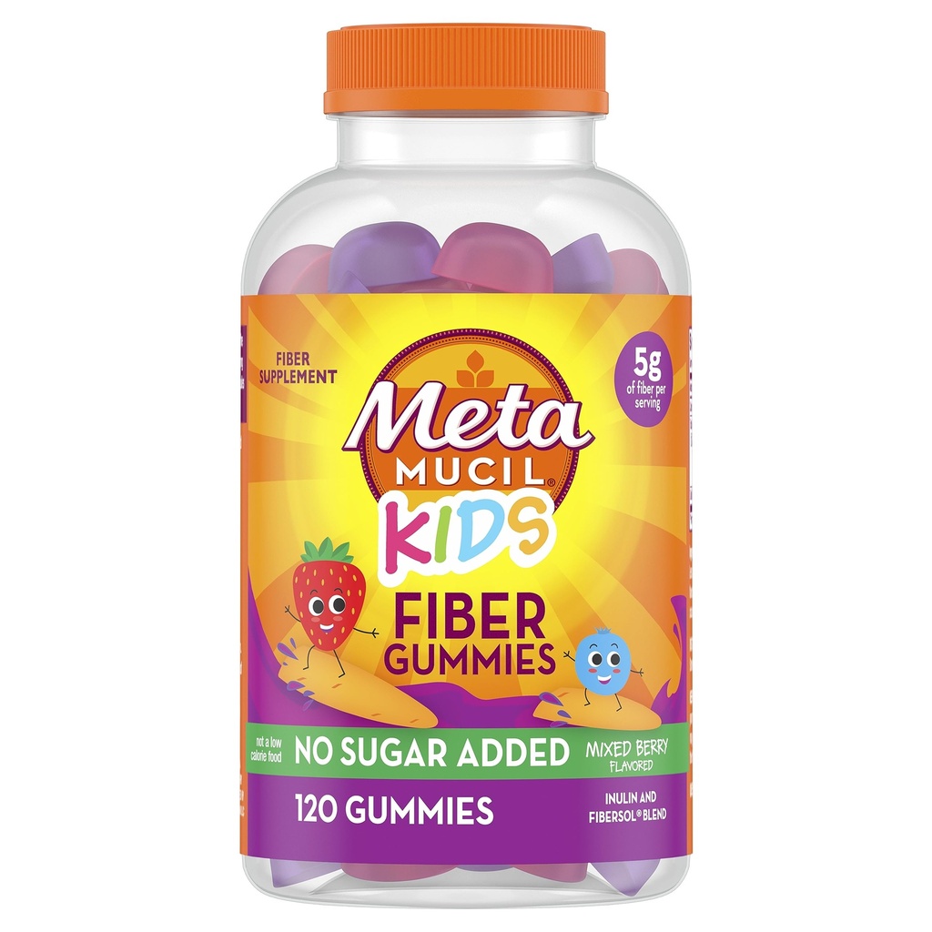 Métamucil Gommies de fibre pour enfants, Pas de sucre ajouté, 5g mélange de supplément de fibre prébiotique à base de plantes, arômes de baies mélangées, 120ct Gommies