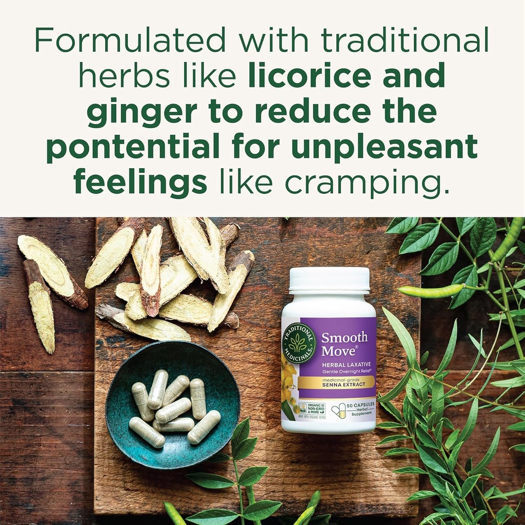 Traditional Medicinals Smooth Move Senna Laxative Capsules, Natural Herbal Constipation Relief, 50 Capsules (Pack of 2)