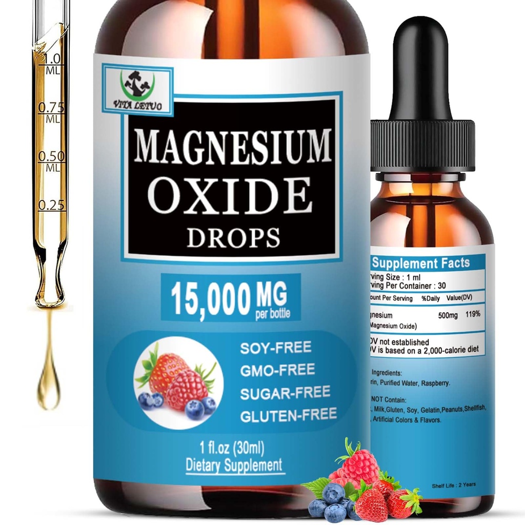 Oxyde de magnésium 500mg, Supplément de magnésium liquide pour le sommeil, Nerve, Santé du coeur, Relief musculaire et de stress, Haute absorption Oxyde de magnésium gouttes liquides pour adultes et enfants, sans gluten, non OGM, végétalien
