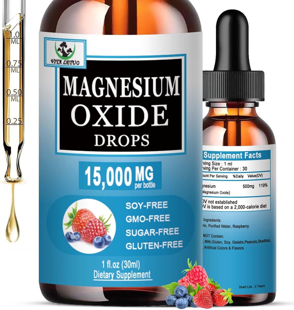 Oxyde de magnésium 500mg, Supplément de magnésium liquide pour le sommeil, Nerve, Santé du coeur, Relief musculaire et de stress, Haute absorption Oxyde de magnésium gouttes liquides pour adultes et enfants, sans gluten, non OGM, végétalien